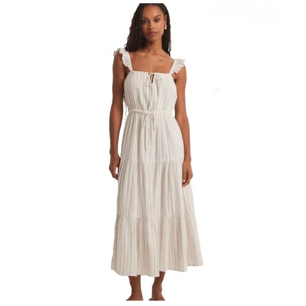 Z Supply Womens Medium White Tan Sleeveless Cotton La Brisa Dobby Stripe Dress